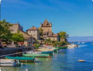 a group of boats docked in the water near a town at La montagne ça vous gagne ! in Cluses