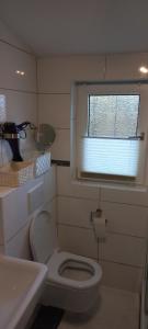 łazienka z toaletą, umywalką i oknem w obiekcie Messe Luxury room w Hanowerze