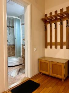 a bathroom with a glass shower and a wooden cabinet at Villa Edel Constanta in Constanţa