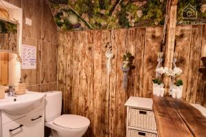a bathroom with a toilet and a wooden wall at Oaza Tatry I in Zakopane