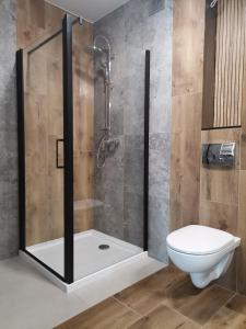 bagno con doccia e servizi igienici. di Apartament Górska Szarotka a Nowy Targ