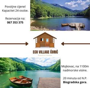 a collage of pictures of a lake with a house and a boat at ECO ViLLAGE CORIC in Mojkovac