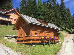 a small wooden house with flowers on a hill at Bioblockhaus Katschberg in Katschberghöhe