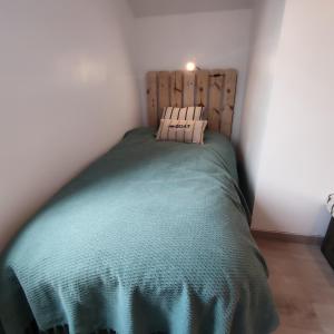 003 QUIN - Maison du Maine في Grand-Village-Plage: غرفة نوم بسرير وبطانية خضراء