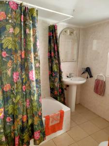 y baño con cortina de ducha y lavamanos. en Apartamento Céntrico Puerto Del Rosario, en Puerto del Rosario