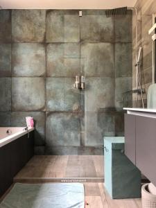 een badkamer met een douche, een wastafel en een bad bij Villa des Cabres in Lunel
