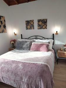 1 dormitorio con 1 cama grande con sábanas rosas y grises en La cabaña de Cortiguera, en Cortiguera