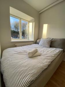 a bed with a towel on it with a window at Central Ground Floor Apartment with Parking in Aarhus