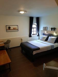 Un dormitorio con una cama grande y una ventana en Tisza Lodge B&B - Panzió, en Tiszaderzs