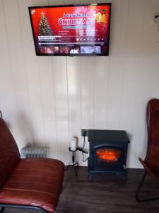ein Wohnzimmer mit einem Kamin und einem TV in der Unterkunft Delightful Shepherds Hut in Westport