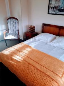 Cette chambre comprend un lit avec une couverture orange et une chaise. dans l'établissement Hôtel Restaurant Brasilia, à Cagnes-sur-Mer