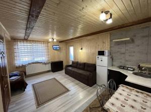 eine Küche und ein Wohnzimmer mit einem Sofa und einem Kühlschrank in der Unterkunft Садиба Бункер ЧАН in Mischhirja