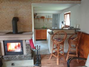 a kitchen with a fireplace and two chairs in a room at horská chata Cecilie in Olešnice v Orlických horách