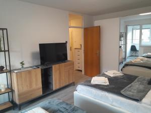 a living room with a flat screen tv and a bed at Apartment Amalia in Varaždin