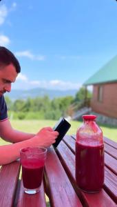 a man sitting on a picnic table with a book and a drink at Ethno village & resort Ćorić in Mojkovac