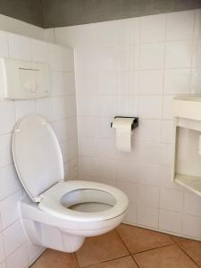 een badkamer met toilet met deksel bij Big appartment in sunny privat garden in Nijmegen