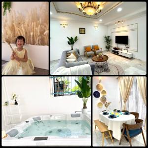 a collage of photos of a woman in a living room at QV Residence Langkawi - Jacuzzi, BBQ, & Steamboat in Kuah