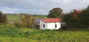 a small white house with a red roof in a field at The Haggard Self Catering Accommodation in Castleblayney