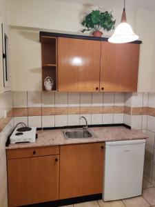 a kitchen with wooden cabinets and a sink at Studios Dafni in Paralia Katerinis