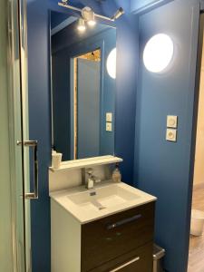 ein Bad mit einem Waschbecken und einem Spiegel in der Unterkunft La Chambre du Tonneau in Montigny-sur-lʼAin
