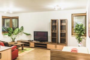a living room with a flat screen tv and plants at Hotel Muza in Košice
