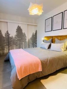 a bedroom with a large bed and a large window at L‘atelier in Châtenois
