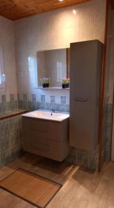 a bathroom with a sink and a mirror at Gites Le Clos de Lamie avec 2 piscines privées in Fossemagne