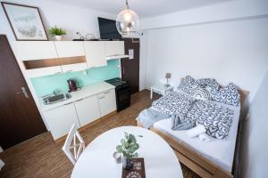 チェスケー・ブジェヨヴィツェにあるApartmány Lannaのベッド1台とテーブルが備わる小さなアパートメントです。