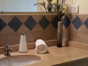 a bathroom sink with a towel and a vase with flowers at Lo de Chavela in Salta