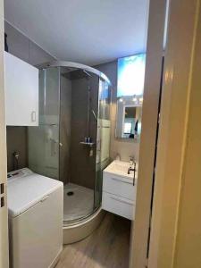 La salle de bains est pourvue d'une douche et d'un lavabo. dans l'établissement Appart lumineux avec vue sur mer à 180 degrés, à Trouville-sur-Mer