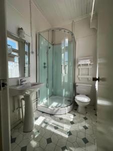a bathroom with a shower and a sink and a toilet at Estancia Río Penitente in Villa Tehuelche 