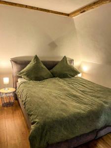 1 dormitorio con cama con sábanas y almohadas verdes en Super Lodge Kulmbach en Kulmbach