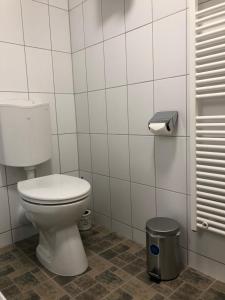 a bathroom with a toilet and a trash can at Panoráma Apartman Felsötárkány in Felsőtárkány +48 photos