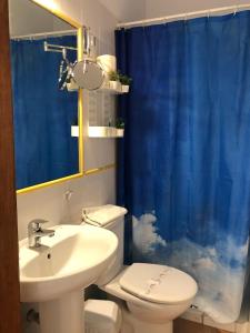 バジェ・グラン・レイにあるApartamentos Conchaのバスルーム(洗面台、青いシャワーカーテン付)