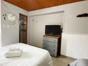 a bedroom with a bed and a tv on a dresser at MAKTUB HOSTERIA in El Bolsón