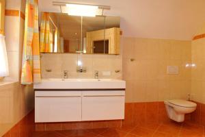 a bathroom with a sink and a toilet and a mirror at Bioblockhaus Katschberg in Katschberghöhe +10 photos