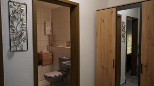 łazienka z toaletą i umywalką w obiekcie Gemütliches Apartment in Bad Berneck w mieście Bad Berneck im Fichtelgebirge
