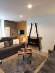a living room with a couch and a fireplace at Le Clos des Marmottes in Cauterets