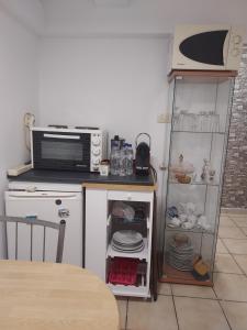 a kitchen with a stove and a microwave at Boutique Kalithea in Athens
