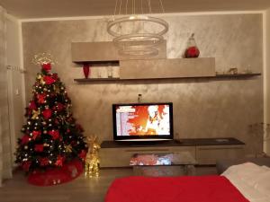 a living room with a christmas tree and a television at Casa Vacanza 5 Terre in La Spezia