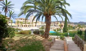 a palm tree in a yard next to a pool at Village Cap Estérel Agay St Raphaël vue mer et piscine in Agay - Saint Raphael