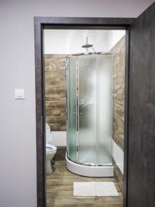 a glass shower in a bathroom with a toilet at Restauracja Biały Kruk in Górno