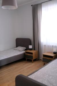 - une chambre avec 2 lits et une fenêtre dans l'établissement Pająkówka Apartament I, à Kościelisko