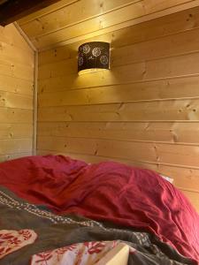a bed in a room with a wooden wall at Le Paradis de Verdure in Natzwiller