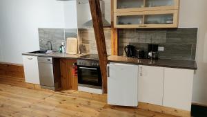 a kitchen with white appliances and a wooden floor at Spreewald Spreemilia Gurkenbude in Lübbenau