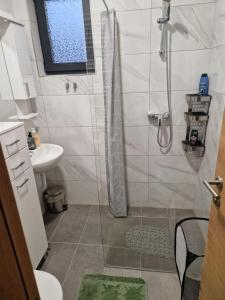 uma casa de banho com um chuveiro e um lavatório. em Cozy Ski Apartment Jahorina em Jahorina