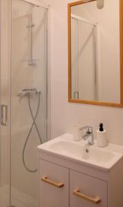 a bathroom with a sink and a shower at Pająkówka Apartament I in Kościelisko