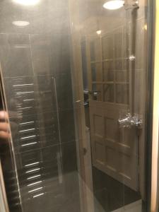 a bathroom with a shower with a glass door at Paula’s place in Balby