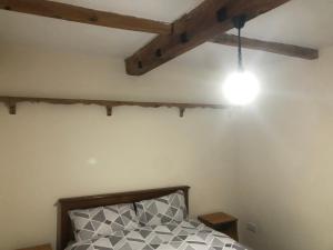 a bedroom with a bed and a light hanging from the ceiling at Paula’s place in Balby