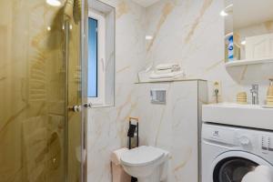 a bathroom with a toilet and a washing machine at Vila Laurus in Palanga